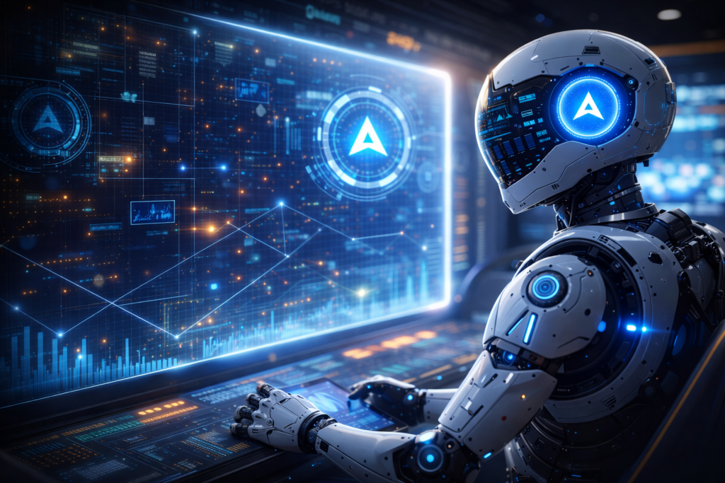 Futuristic AI robot analyzing data representing AI trends in 2026